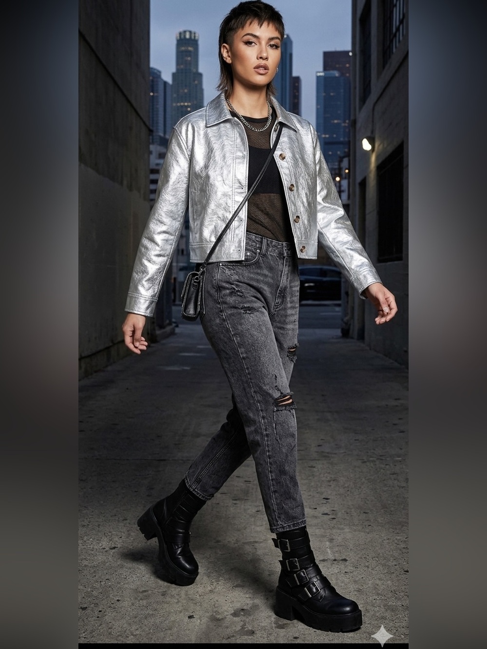 NIA VENUS JACKET Metallic Silver vegan leather  size small Edgy Streatwear.